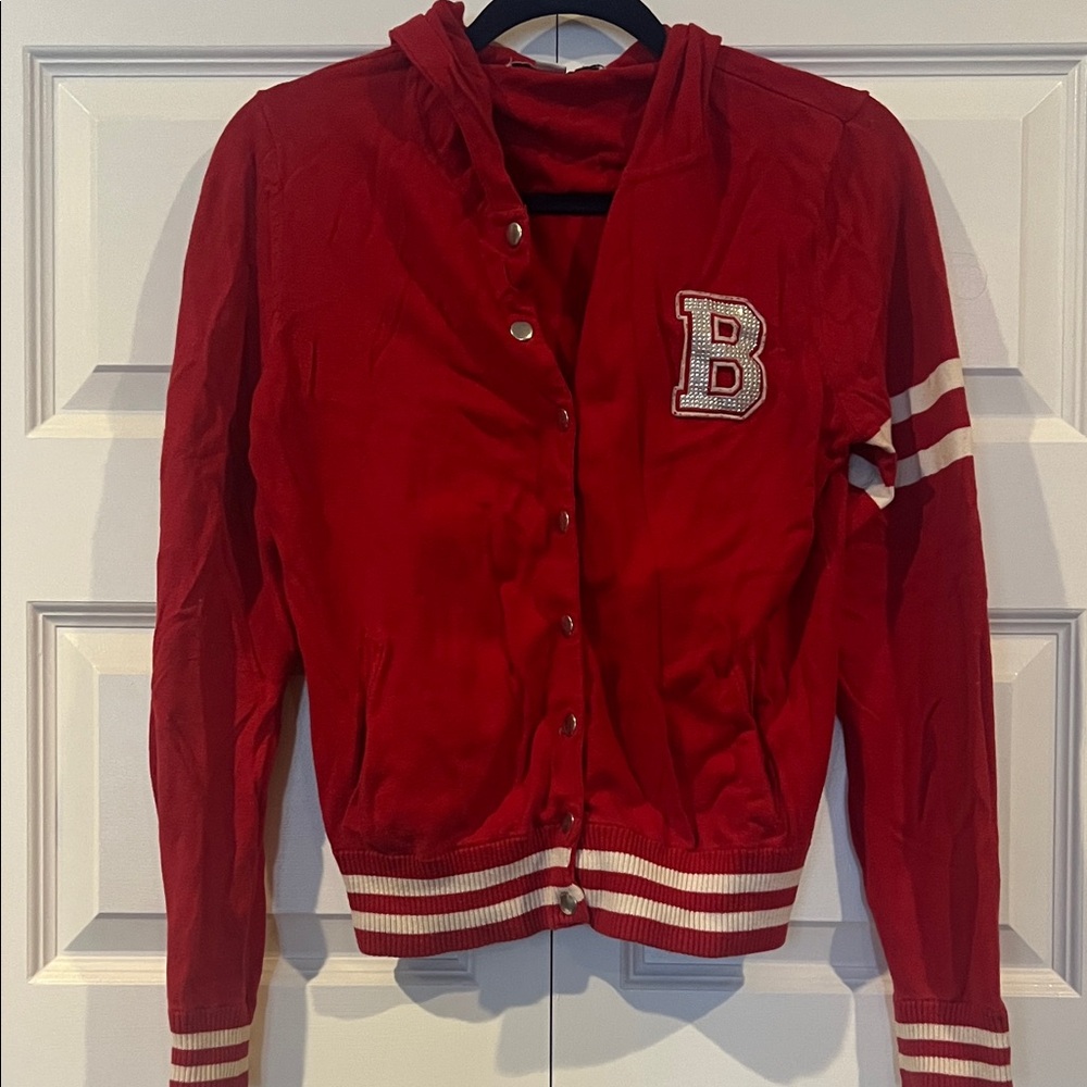 Red and white varsity sweater with sparkly B emblem